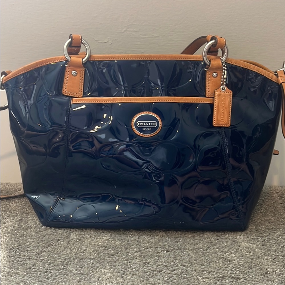 Coach Blue and Tan Shoulder Bag with Glossy Finish